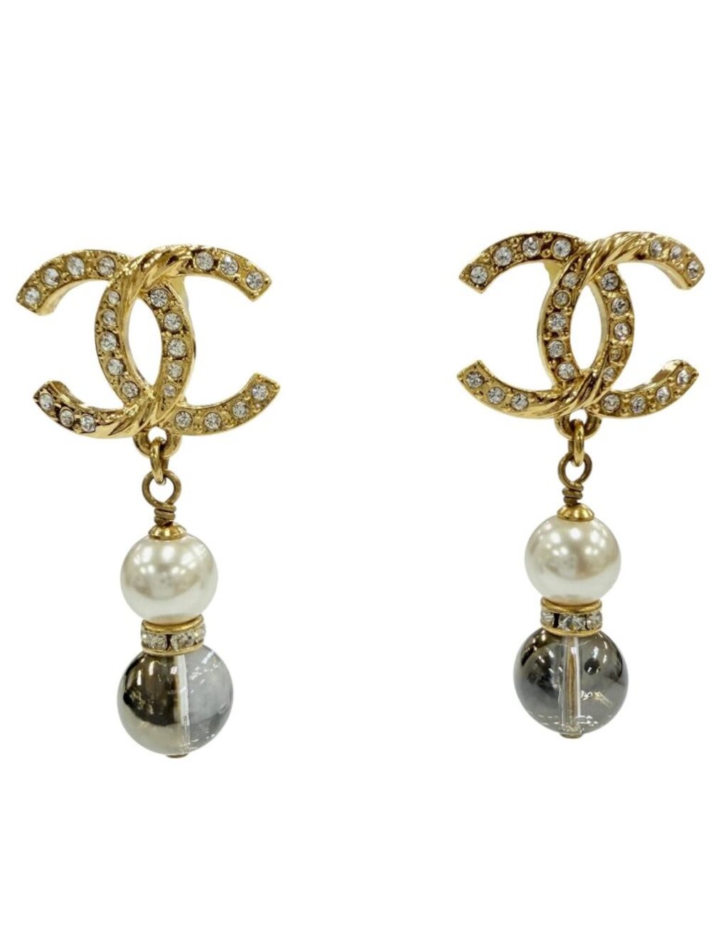 Chanel CC Logo Rhinestone Pearl Stone Swing Earrings Gold